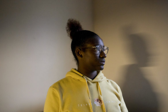 Andreya Thomas, who says she was told that her JROTC class in high school was mandatory, outside her dorm at Oakland University in Rochester, Michigan.