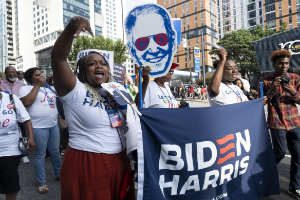 Volunteers with the Biden Harris campaign head to a debate night gathering last week in Atlanta.