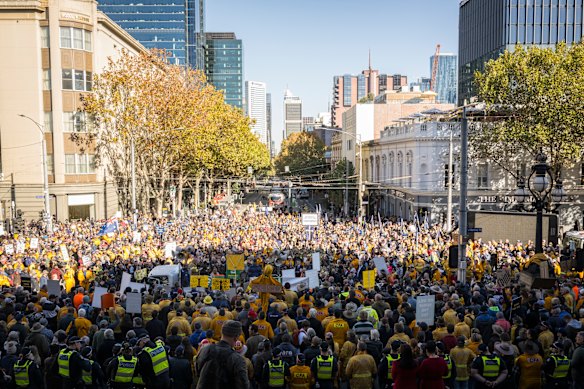 Firefighters and farmers protesting against the new Emergency Services and Volunteers Fund. 