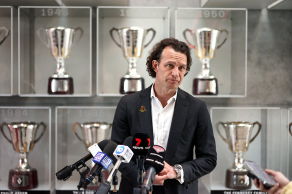 Departing CEO Xavier Campbell speaks at Essendon on Wednesday morning.