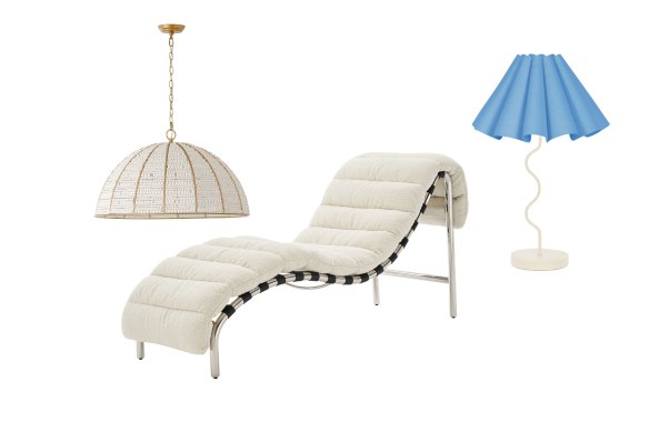 “Estelle” pendant light; “Astrid” chaise lounge; “Cora” table lamp.  