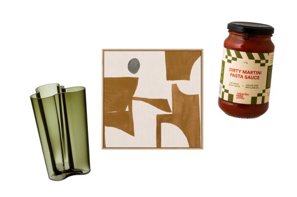 “Aalto” vase; “Contour Study No 2″ art print; “Dirty Martini” pasta sauce.  