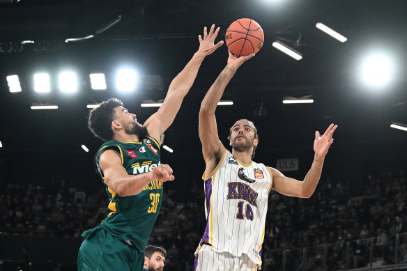 Xavier Cooks shoots for the Kings in their triumph over Tasmania.