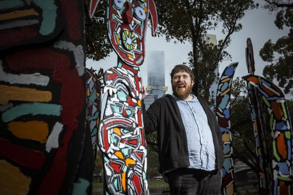 Artist Matthew Clarke with his work Wallabies, at Birrarung Marr as part of Rising Festival. 