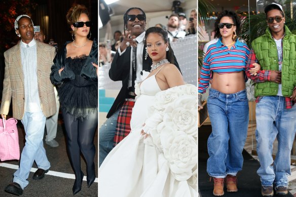 A$AP Rocky in Bottega Veneta leather jeans and an oversized blazer with Rihanna in Danish label Cecilie Bahnsen in New York in October; A$AP Rocky in Gucci with Rihanna wearing Valentino at the Met Gala in May; Rihanna in Loewe rugby top with Louis Vuitton box bag and A$AP Rocky in a Bottega Veneta vest in November.