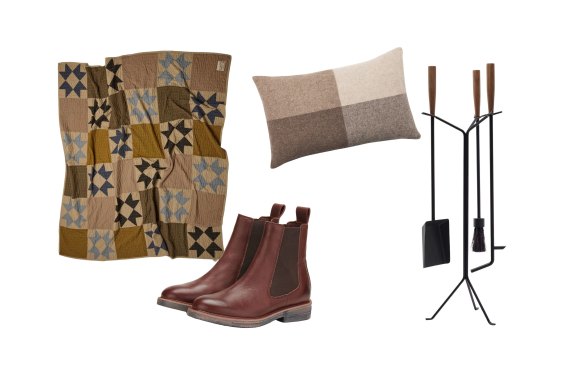 “Mountaineer” throw; “Chelsea Rise” boots; “Odin”wool cushion; “Nelson” fireplace tool set.  