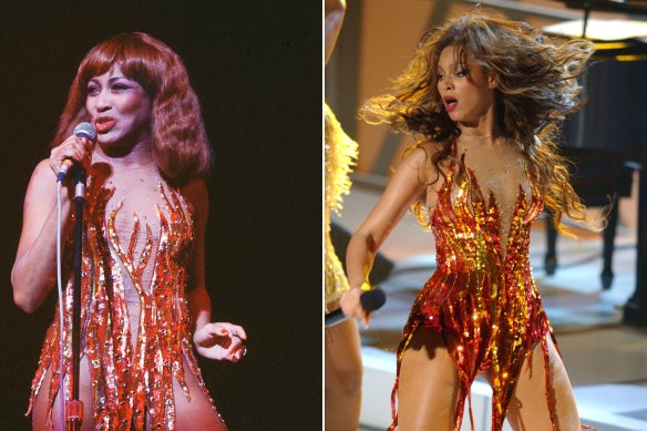 Tina Turner in 1979 performing in a flame dress created by Bob Mackie originally for an appearance on The Sonny and Cher show. Beyoncé wore a replica of the dress to pay tribute to Turner at the 2005 Kennedy Centre Honours.