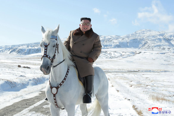 North Korean state media recently released a series of pictures showing leader Kim Jong-Un riding a white horse.