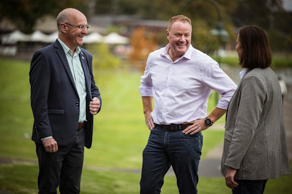 Andrew Lethlean (centre) on Tuesday with Victorian Nationals leader Danny O’Brien (left) and MP Gaelle Broad. 