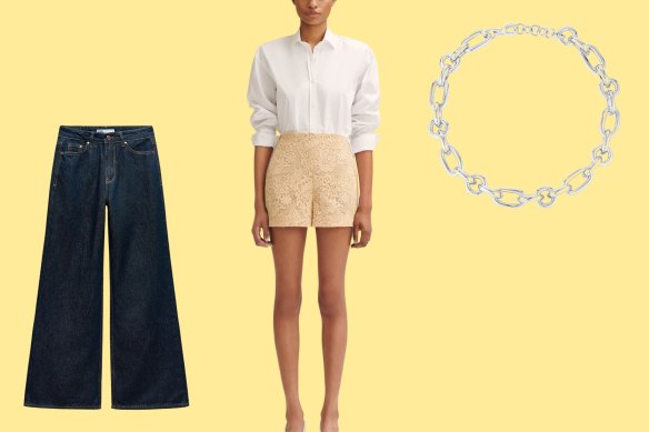 A Scanlan Theodore white shirt, Zara baggy jeans and a chunky necklace are in Anna Robards’ sights.