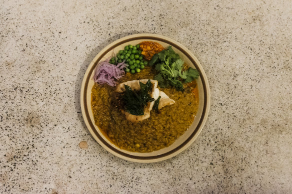 Dahl with rice and line-caught Augusta nannygai.