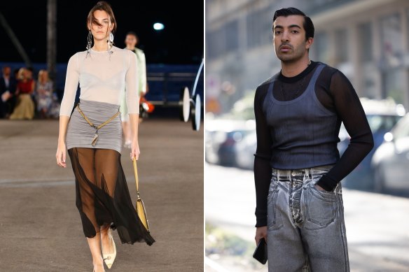 Sheer delights. Tory Burch, spring/summer 2023, at New York Fashion Week. Abdulla Al Abdulla is seen wearing a see-through blouse over a white tank top and silver pants outside the Dolce & Gabbana show in Milan on January 14, 2023.