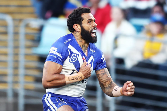 Josh Addo-Carr celebrates scoring a try for Canterbury against Parramatta. 
