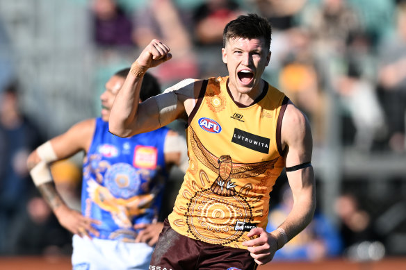 Mitch Lewis celebrates a goal against West Coast.