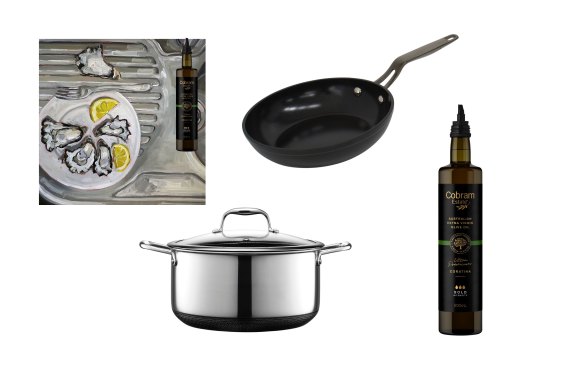 Oysters painting; “Hybrid” 7½-litre pot; frying pan; “Ultra Premium Coratina” olive oil.  