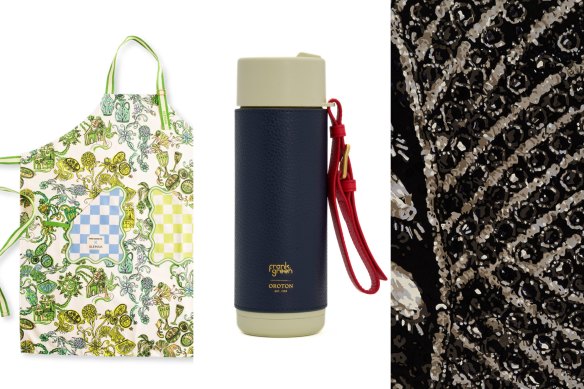 Alemais x Two Good Co apron, $190, twogood.com.au; Oroton x Frank Green $119, oroton.com.au; Steven Khalil Designer Rug ‘La Nuit’, $6490, Designer Rugs. 