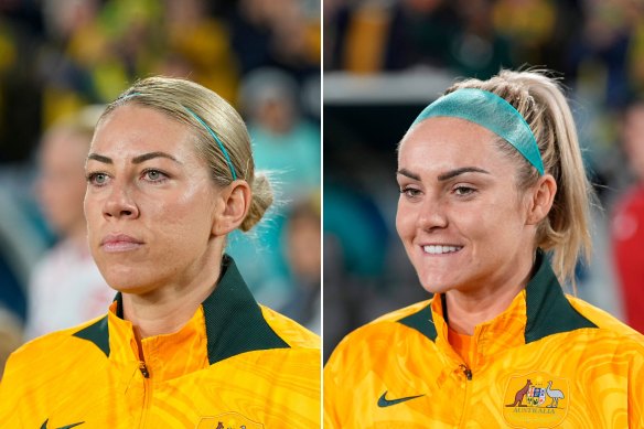 Alanna Kennedy (left) and Ellie Carpenter (right) wearing pre-wrap headbands during the Women’s World Cup.