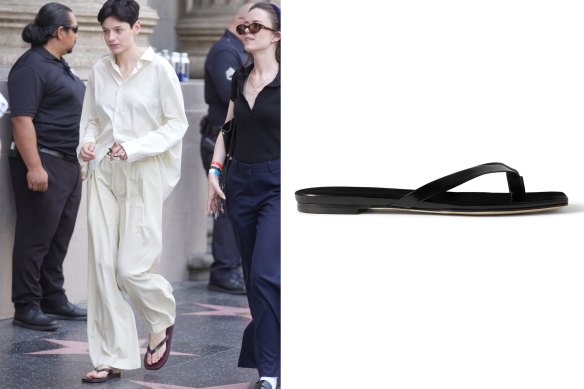 From left: Emma Corrin ups the thong ante in Hollywood; Aeyde “Renee” flip-flops.
