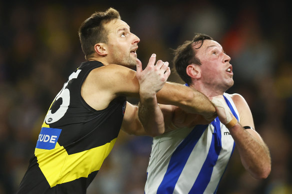 Toby Nankervis (left) and Todd Goldstein grapple in the ruck last round.