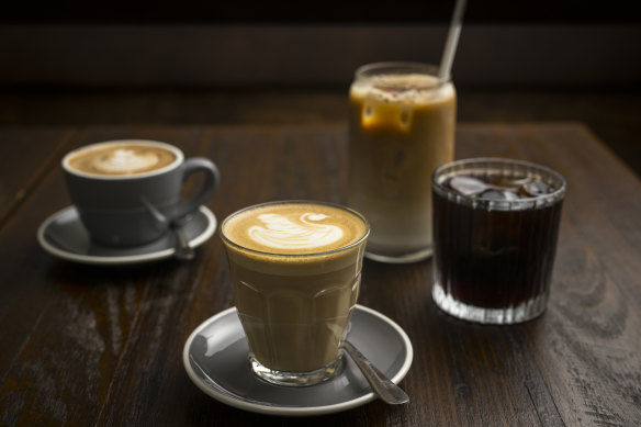 From left: A cappuccino, latte, iced latte and cold brew coffee at Rosso in North Melbourne.
