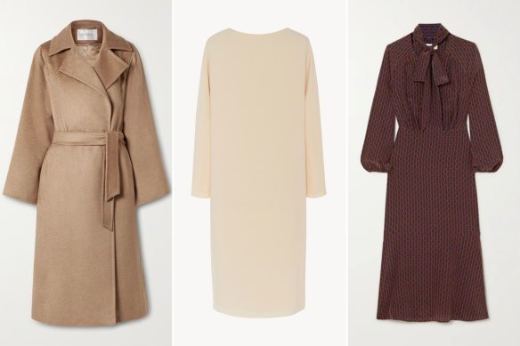 The Manuela coat from Max Mara, $4870; Larina dress, The Row, $1662; Lottie dress, Ceffin $699