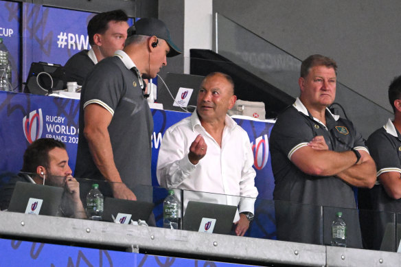 Wallabies coach Eddie Jones at the game against Portugal on Sunday (Monday AEDT).