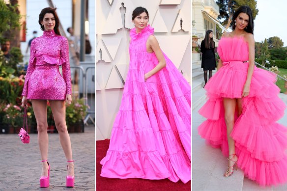 Pink parade (from left): Anne Hathaway and Gemma Chan in Valentino; Kendall Jenner in Giambattista Valli x H&M.