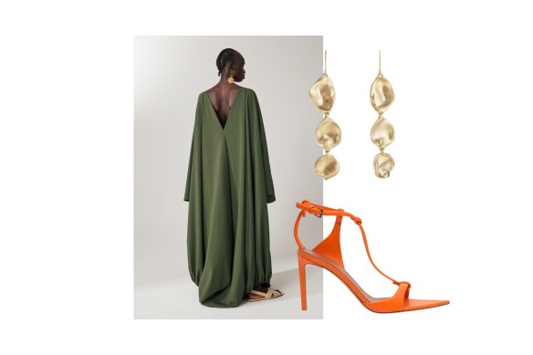 Carl Kapp’s “Lindera” dress, Camilla and Marc’s “Vigo Heel” sandals and Fairley’s golden seashell drops.