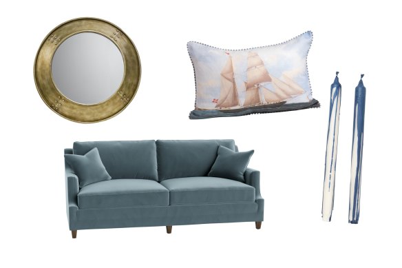 “Megan” mirror; “Dutch Schooner” cushion cover; “Ashley” sofa; “Dryp” candles.  