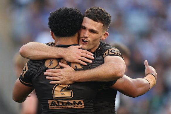 Nathan Cleary and Paul Alamoti celebrate.