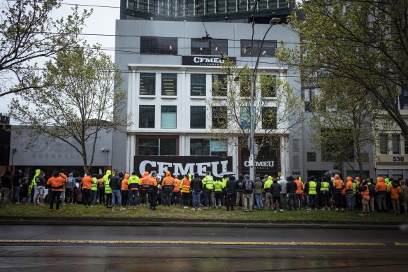 The CFMEU’s office during a protest in 2021.