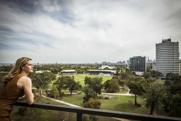Bridie Williams’ apartment overlooks  Junction Oval from Fitzroy Street. Other high-rises with concerned residents are in the background.