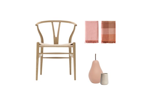 “CH24 Wishbone” chair; “Merricks” tea towels; “Morgan” pear; “Cloud Tulip” vase.