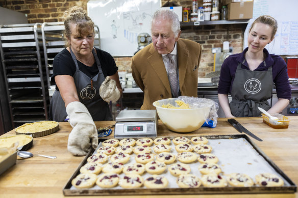 King Charles meets food and drink producers in Talbot Yard,  London, in April.