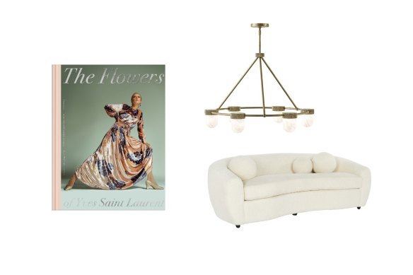 The Flowers of Yves Sai not Laurent book; “Arora” chandelier; “Atelier” sofa.  