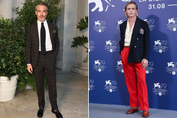 Actor Chris Pine in Ralph Lauren at the Ralph Lauren runway show at The Huntington Library on October 13, 2022 in San Marino, California; wearing  Giuliva Vintage regatta-red trousers, silk shirt and navy blazer at the Venice Film Festival in May.