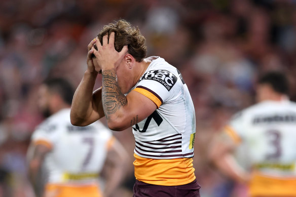 Reece Walsh shows his frustrations after the Broncos opening 20 minutes.