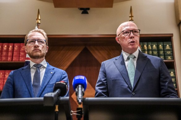 Opposition home affairs spokesperson James Paterson (left) with leader Peter Dutton.