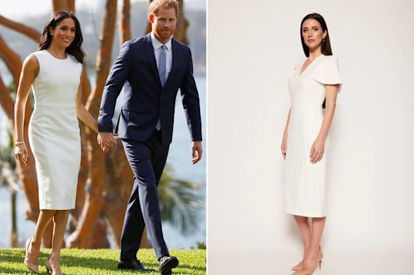 Harry and Meghan, wearing Karen Gee’s Blessed dress, in Sydney, in 2018. Gee would like to see Meghan in her Carrington dress in ivory, $950,  (right) during this month’s visit. 
