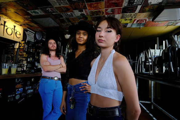 Samuel Drew-Rumoro, Kasinda Faase and Sienna Laycock of band Heavy Amber at the Tote Hotel in Collingwood. 