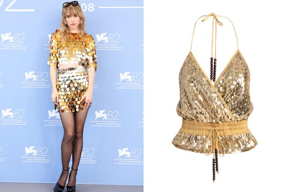 Above: actor Suki Waterhouse. Right: Flannel “Marella” top.   