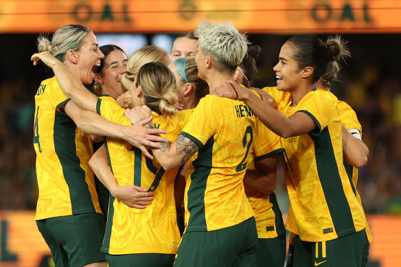 The Matildas celebrate a goal.