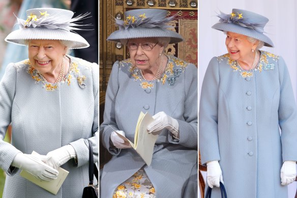 Queen Elizabeth II wearing the same grey coat on three occasions (from left), at Ascot in 2019 and in 2021, at the opening of parliament and at the Trooping of the Colour celebrations. The Queen often had outfits altered, like this one, in between public appearances to keep them fresh.