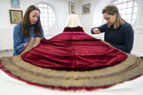 Work is carried out on King Charles III’s Robe of State, which he will wear at his coronation.