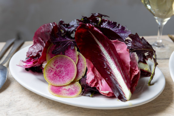 The salad glimmers with a glee for the seasons.