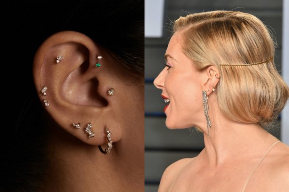 Fine jeweller Sarah & Sebastian offers individual, anatomy-specific ear styling. Right: British actor Sienna Miller wears an understated yet elegant stack.   