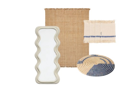 “Wavy” floor mirror; Chunky jute rug; “Savor” coasters; Place mat.