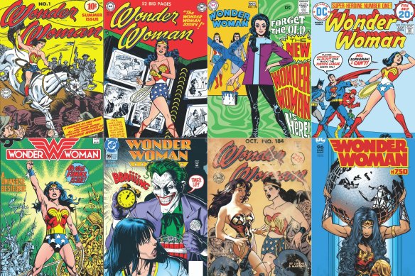 Wonder Woman through the ages (top, from left): 1942, 1951, 1968, 1974; (bottom, from left) 1986, 1996, 2002, 2020. 