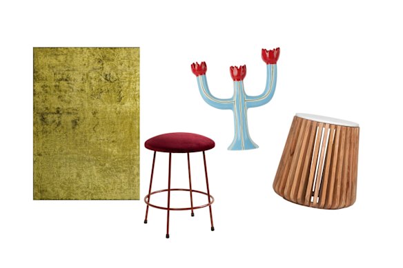 “Kiwi” rug; “Pool” stool; “Tulip” candle holder; “Nesst” side table.  