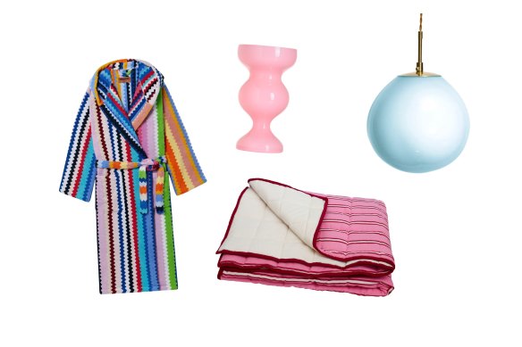 “Cecil” robe; “Gaspard” vase; “Raspberry Stripe” quilted throw; “Bon Bon” pendant light.  